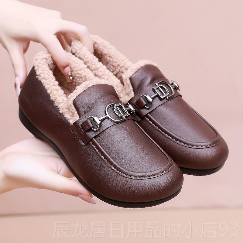 正品23新款棉鞋女冬加绒保豆0豆鞋暖时尚休闲鞋防滑2妈妈鞋皮面棉