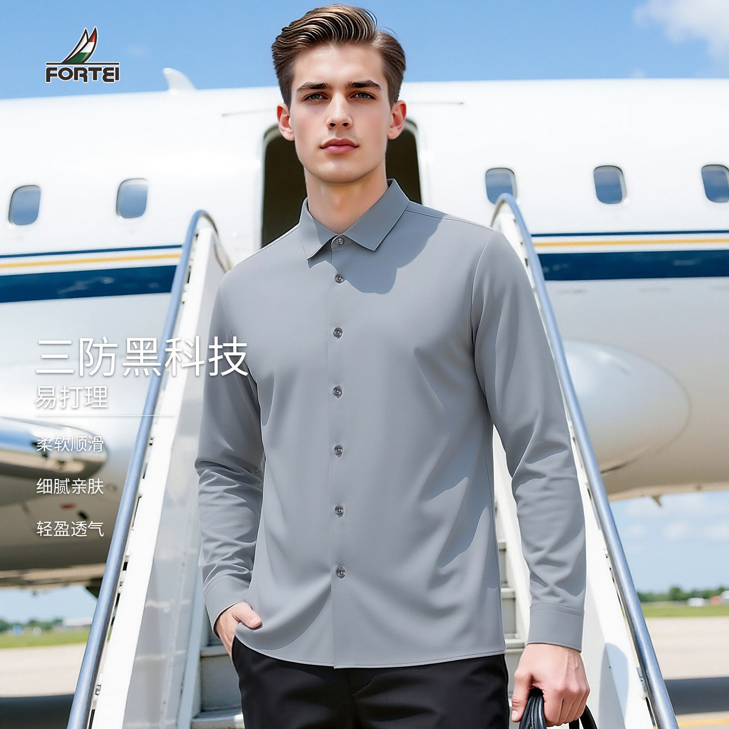FORTEI意大利富铤男装长袖衬衫春夏季新款商务正装上衣翻领衬衣