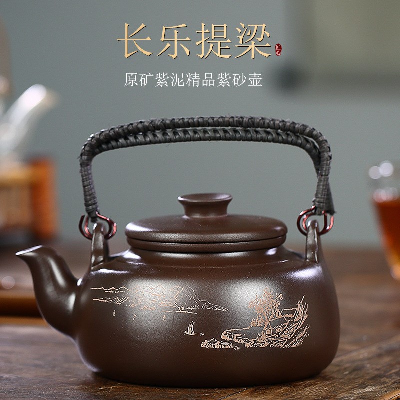 宜兴原矿紫泥洋桶提梁壶全手工功夫泡茶壶茶具中式茶室茶柜紫砂壶