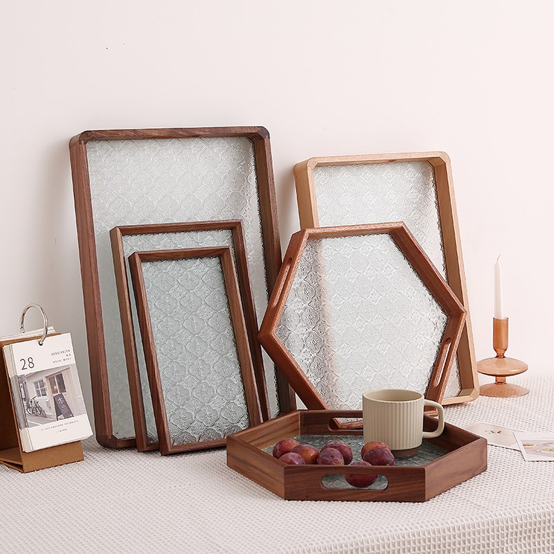 实木质海棠压花钢化玻璃托盘榉木水果盘复古茶盘早餐糕点咖啡盘子