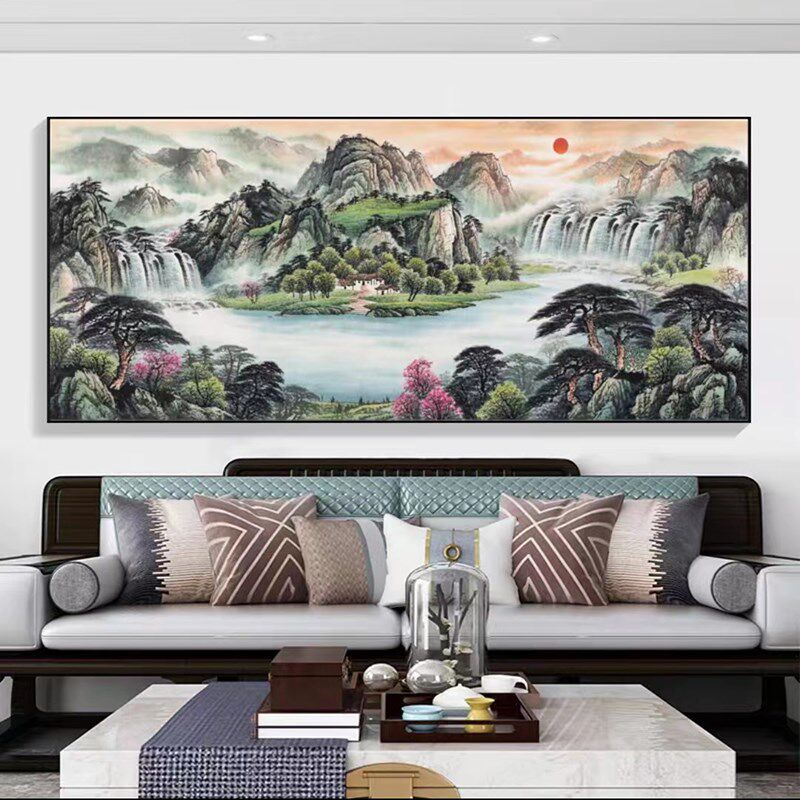 鸿运当头客厅装饰画大气横版山水挂画中式沙发背景墙画办公室国画