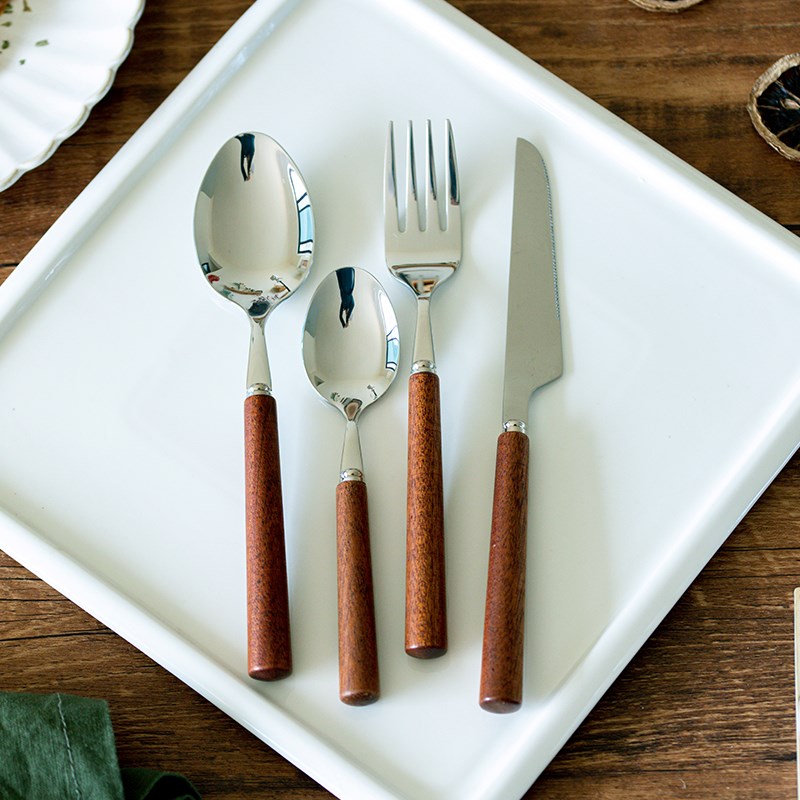实木柄304不锈钢复古耐用西餐具牛排刀叉餐叉餐勺茶勺甜品小勺子
