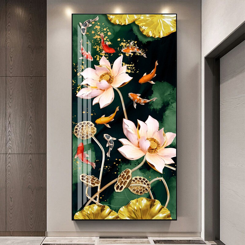进门生财玄关画入户正对门挂画走廊尽头墙壁画寓意好九鱼图装饰画
