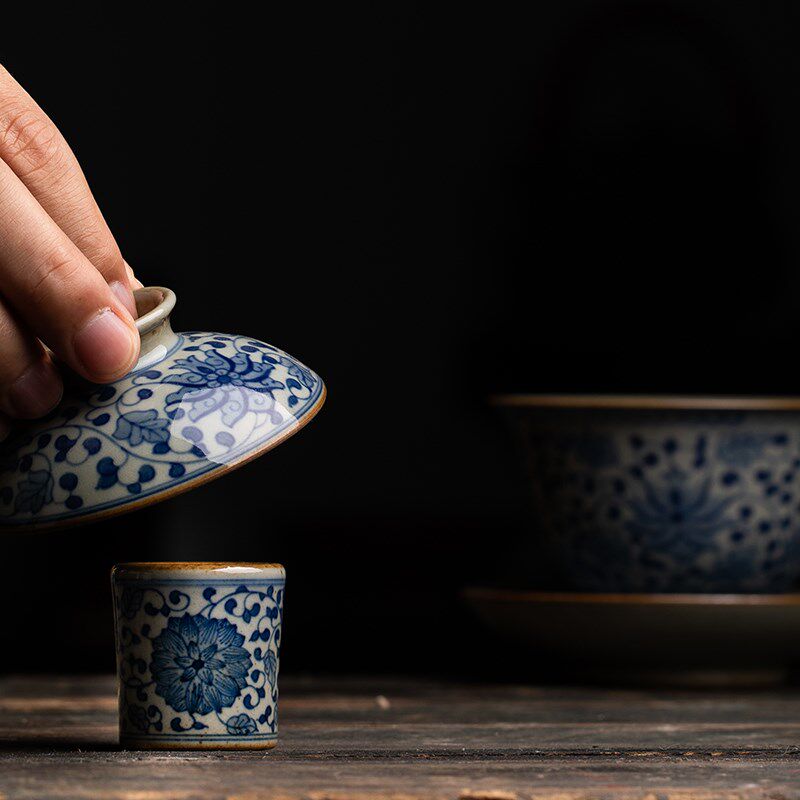 独清 老泥青花缠枝菊盖置 陶瓷手绘茶桌把玩小件扳指盖托茶具配件