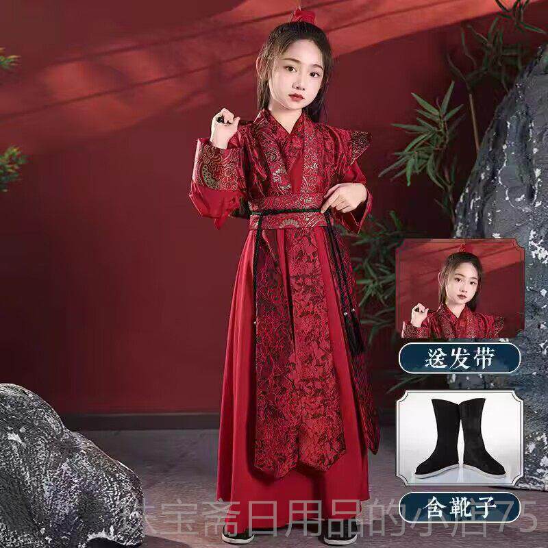 高档童花木兰汉服春武气秋古风古装走秀侠演出服红色儿童霸服女装图片