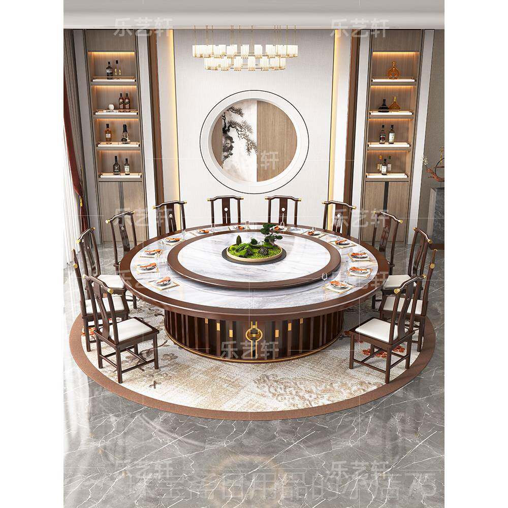 高档新中店电动餐桌圆桌大理石岩板大转盘实木餐桌现酒代简约式饭
