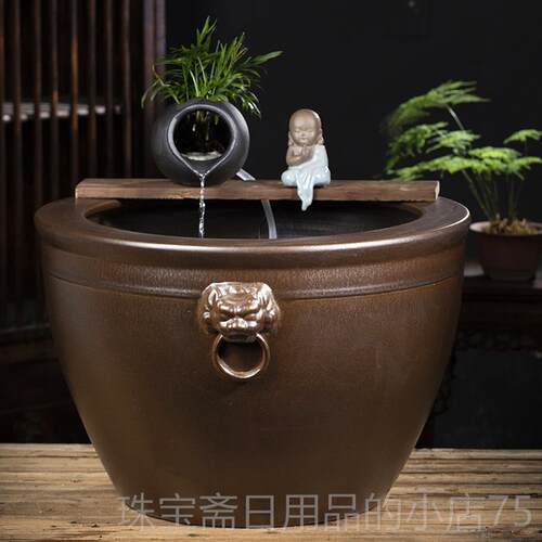 高档大型陶瓷流水泉喷鱼缸陶罐循水环景古法鱼缸客厅阳台造落地大