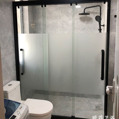 上海三联动淋浴房一字形三门钢化玻璃推拉移门定制小浴室简易隔断