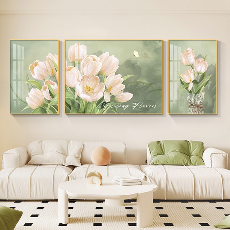 奶油风客厅花卉装饰画郁金香挂画沙发背景墙高级感新款三联画壁画