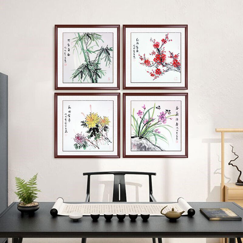 纯手绘梅兰竹菊挂画斗方玄关装饰画客厅走廊竹子国画红梅壁画中式