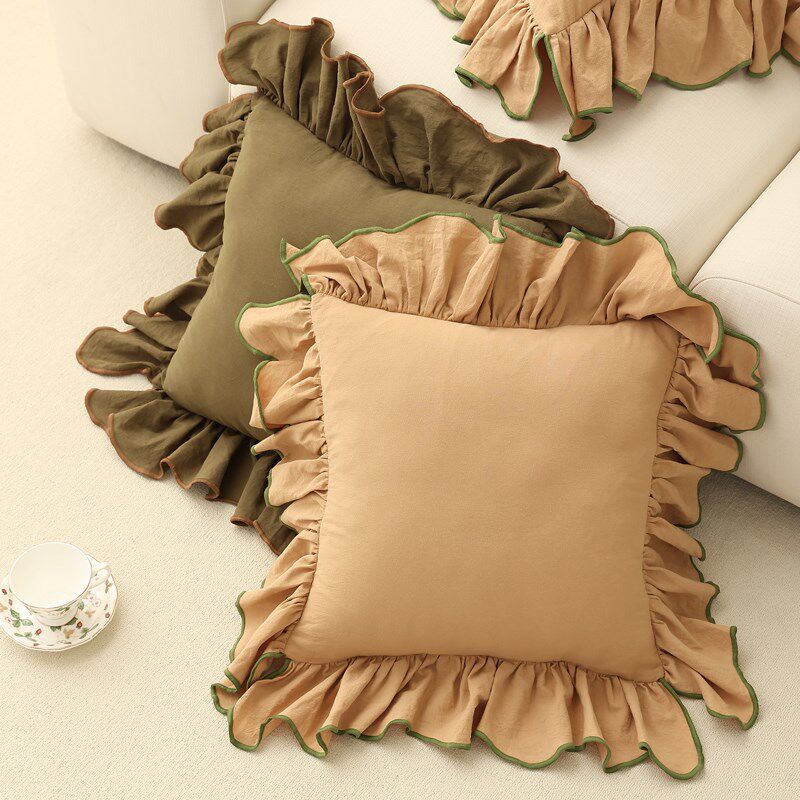 法式荷叶边抱枕套高级感纯色木耳边客厅沙发靠枕中古风靠垫样板房