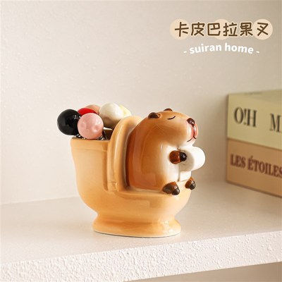 卡皮巴拉水果叉家用儿童安全不锈钢果签甜品可爱小叉子套装高级感