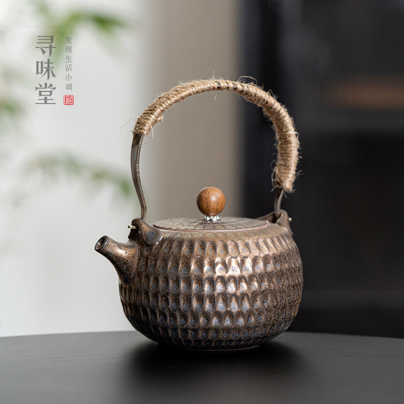 鎏金铁釉粗陶提梁壶复古煮茶壶藤编可干烧家用泡茶陶瓷功夫茶具