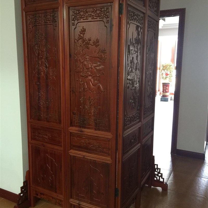 中式屏风隔断实木折屏客厅酒店办公室折叠屏风香樟木雕花仿古玄关