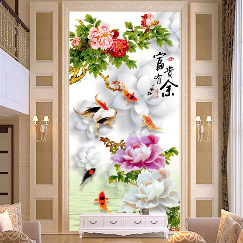 3d立体玄关背景墙壁纸中式客厅走廊过道竖版装饰壁画墙纸招财大气