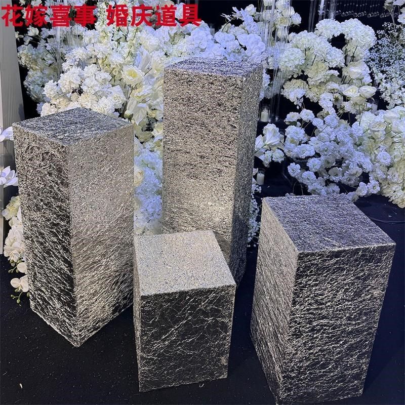 婚庆道具银色锡纸木质波纹方柱婚礼四方形路引花柱甜品桌橱窗摆件