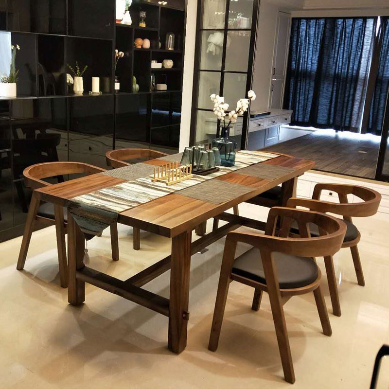 胡桃木餐桌家用小户型简约现代全实木长方形原木饭桌客厅桌椅组合