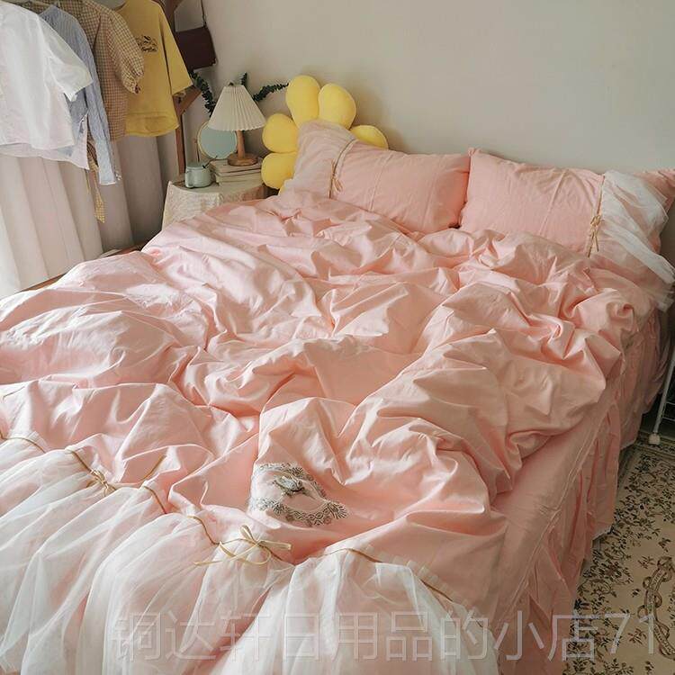 高档蓝色公风全床裙床上四件套INS小清新纯棉被棉套主少心女蕾丝