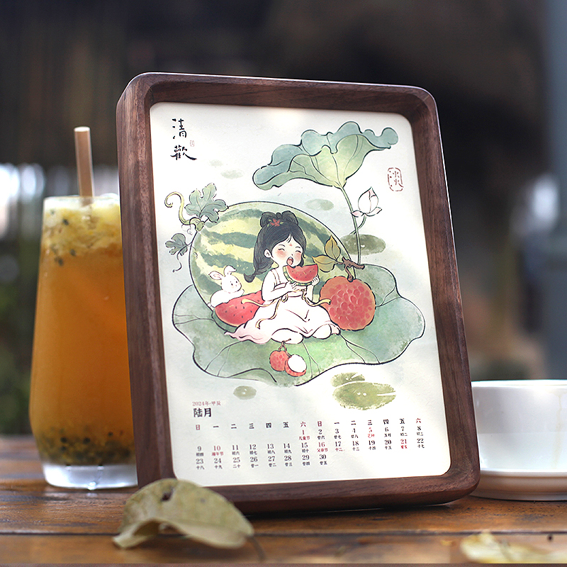 2024年新款龙年月历文艺日历摆件创意小桌历桌面木质相框定制订做