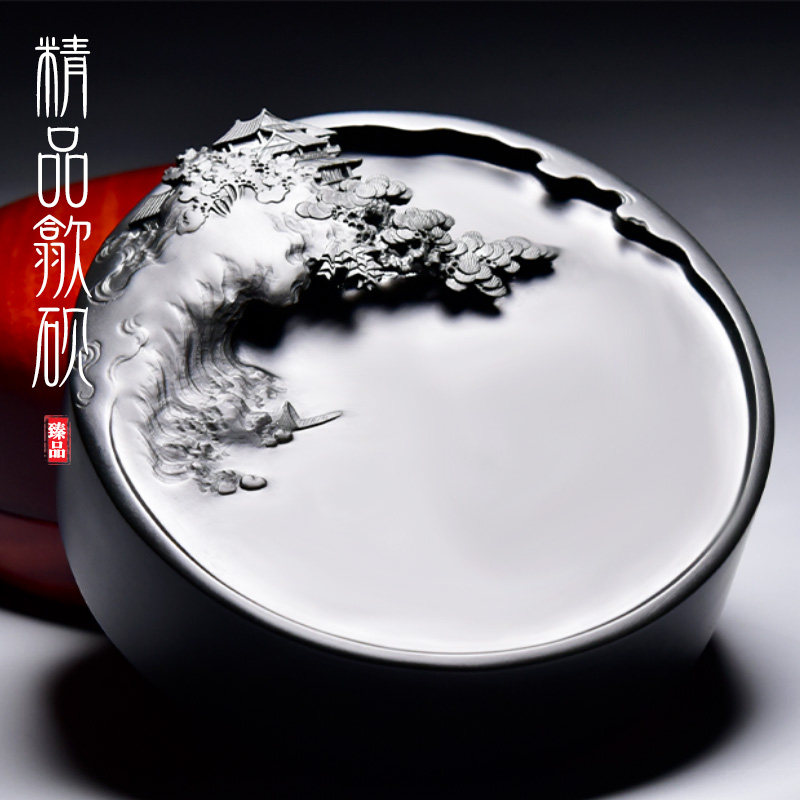 孤品名砚名师制作精品原石砚台/锦绣江南/ 歙砚原石黑龙尾砚台意