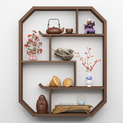 博古架实木中式墙上多宝阁挂墙茶室置物现代简约壁挂茶叶茶壶摆件