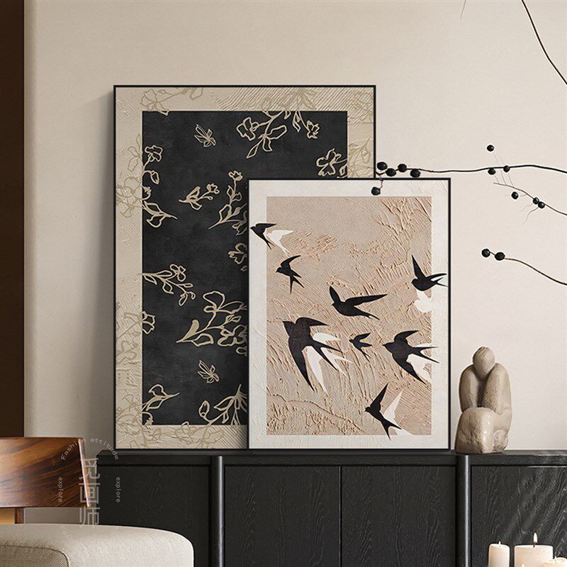 法式美拉德客厅背景装饰画中古风电视玄关柜挂画现代复古燕子壁画