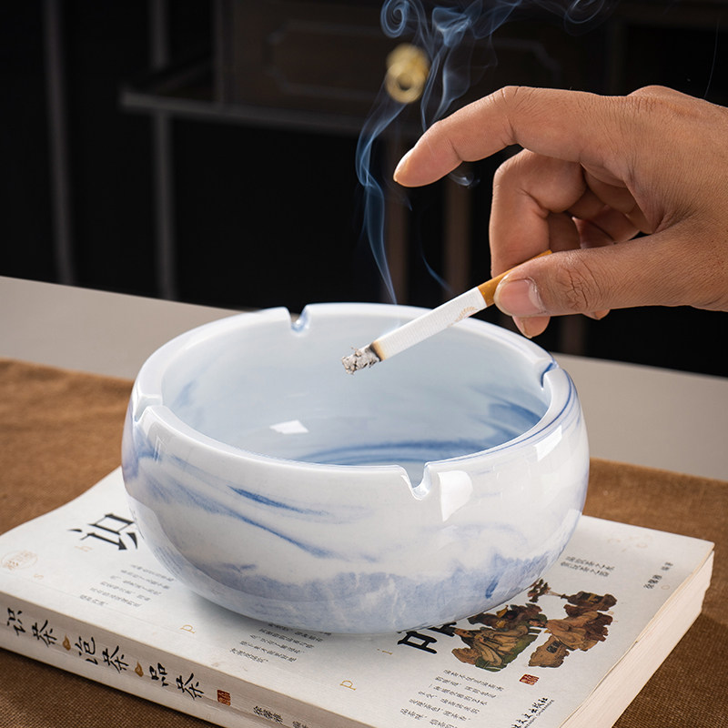客厅陶瓷烟灰缸个性潮流家用大号烟缸蓝色描金时尚实用欧式复古风