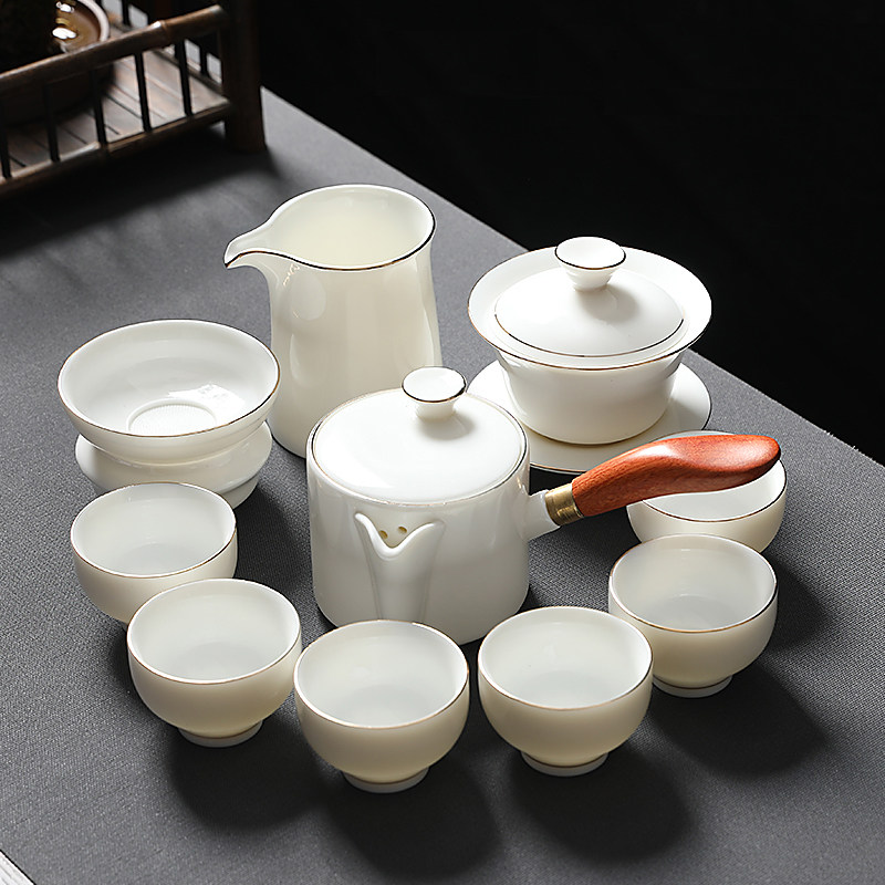 描金羊脂玉瓷功夫茶具家用实木侧把茶壶防烫整套纯包泡茶器中式
