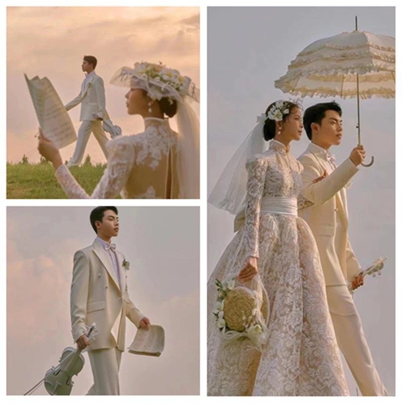 法式浪漫田园小清新赫本风婚纱照影楼摄影道具洛丽塔伞白色小提琴