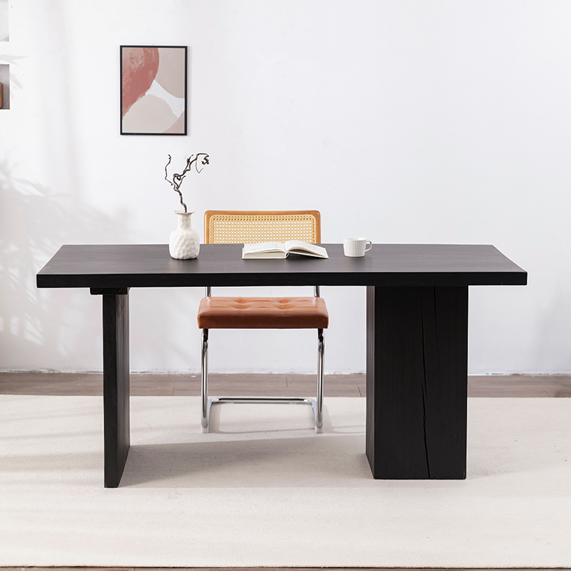 侘寂风实木餐桌小户型飘窗茶桌简约炭化黑原木书桌民宿餐桌椅组合