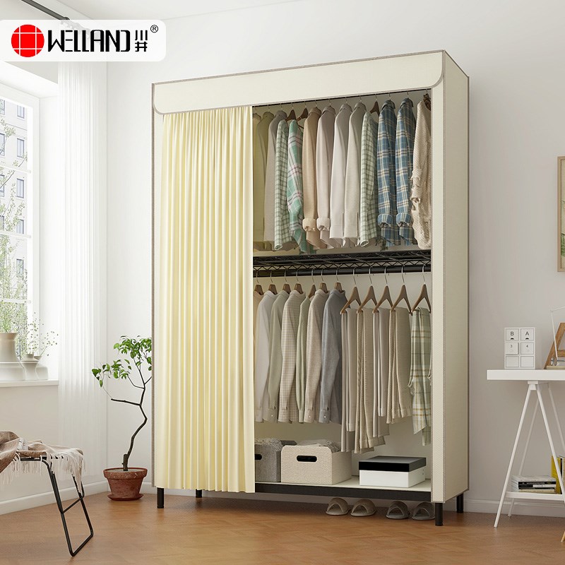 川井衣柜简易出租房用简易布衣柜全钢架窗帘式防尘衣橱落地挂衣架