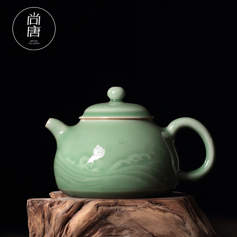 尚唐青瓷功夫茶壶陶瓷原矿手工单壶家用功夫茶具红茶过滤小泡茶壶