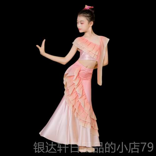 高档儿童童傣舞演裙新服、女孔雀舞盖臀鱼尾、剧目独舞练习表服