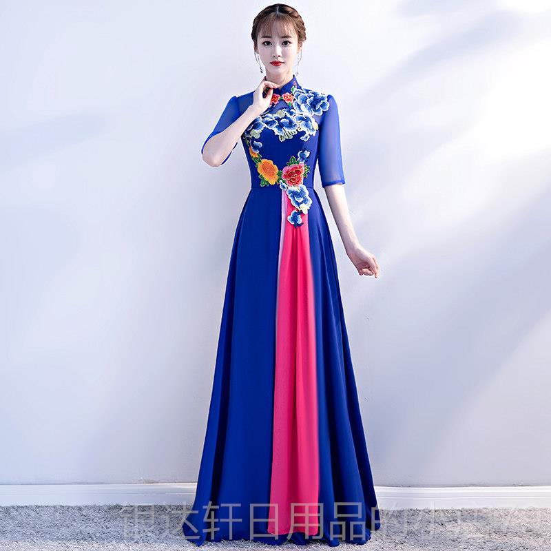 高档修身旗袍长裙会晚礼宴服大合唱表舞台成人朗诵演服装团演出礼图片