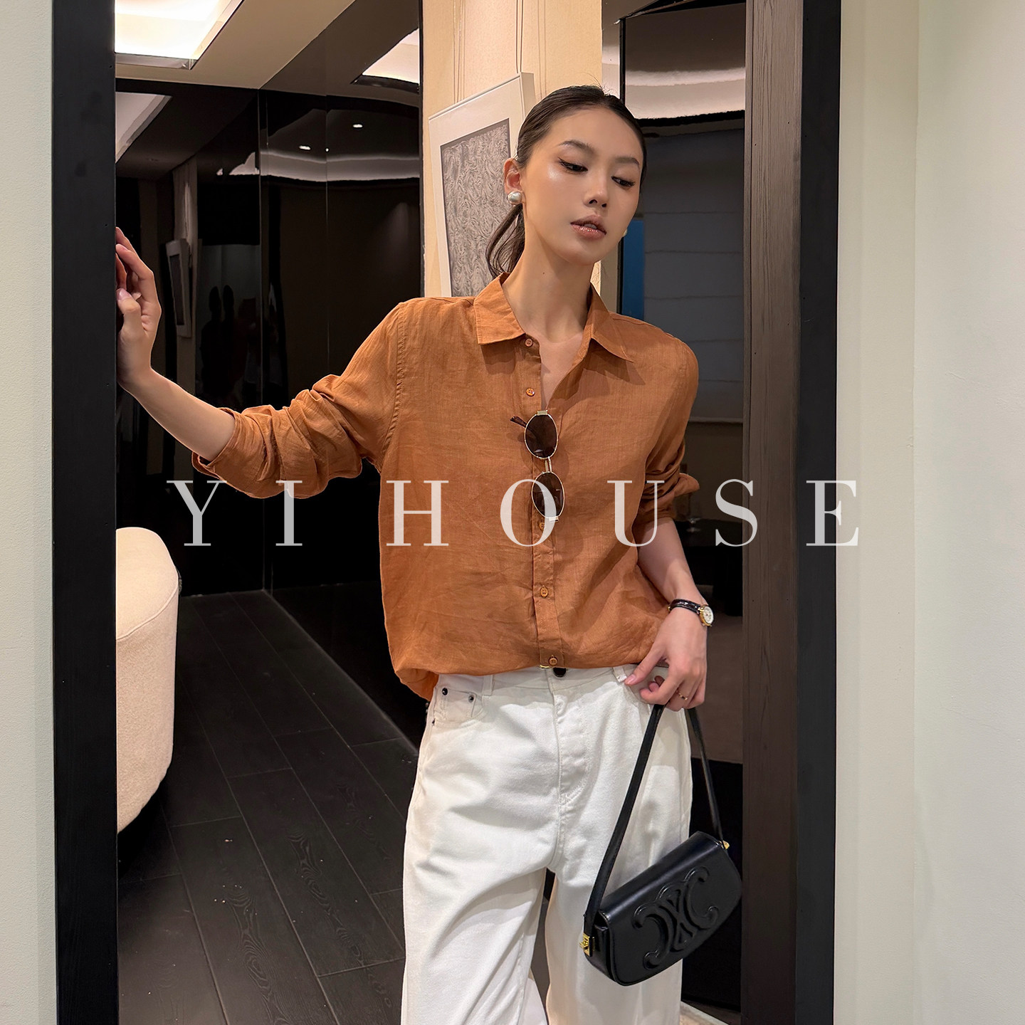 Yi house慵懒度假法式简约亚麻衬衫女长袖宽松薄款纯色百搭防晒衣