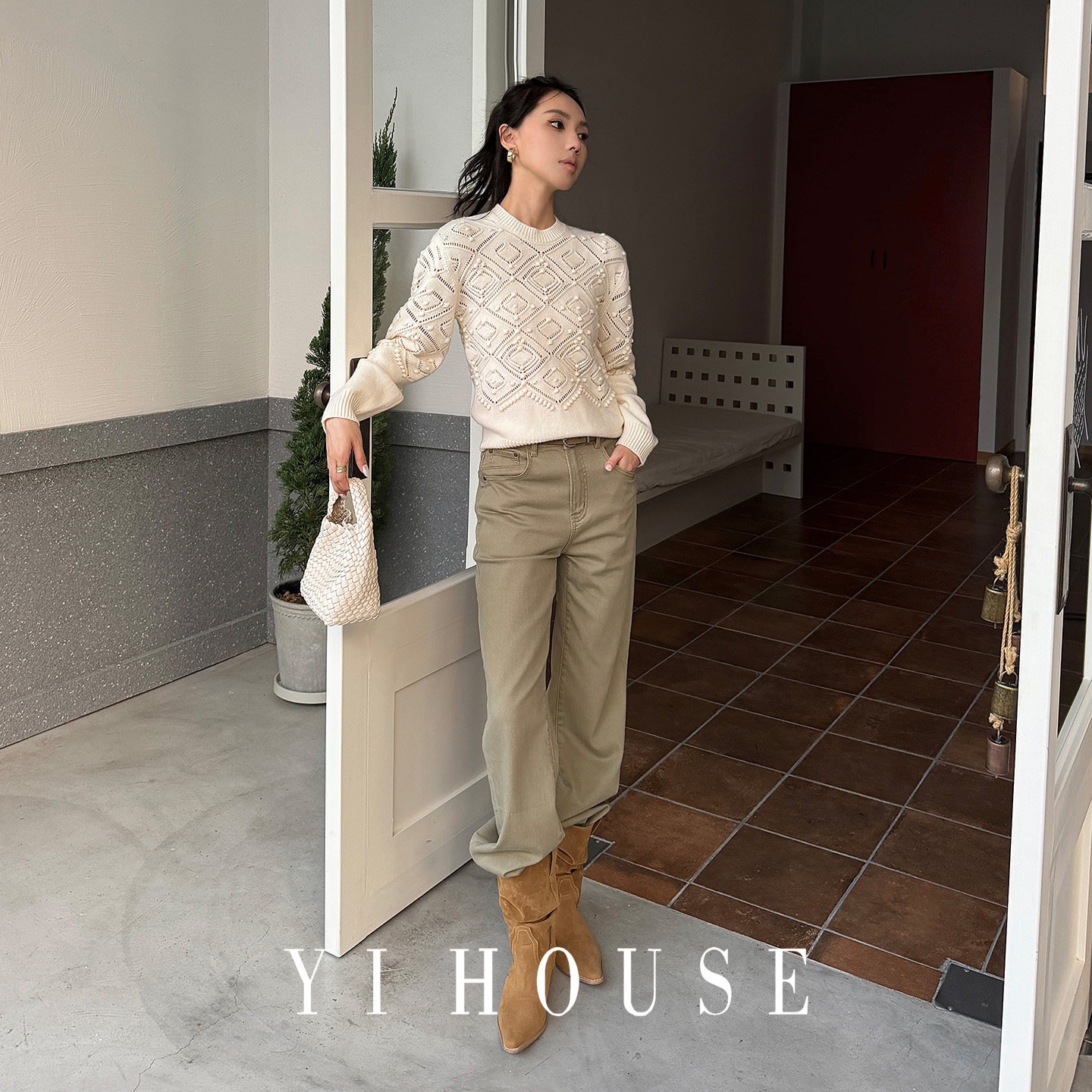 YIHOUSE法式菱格通勤百搭小衫