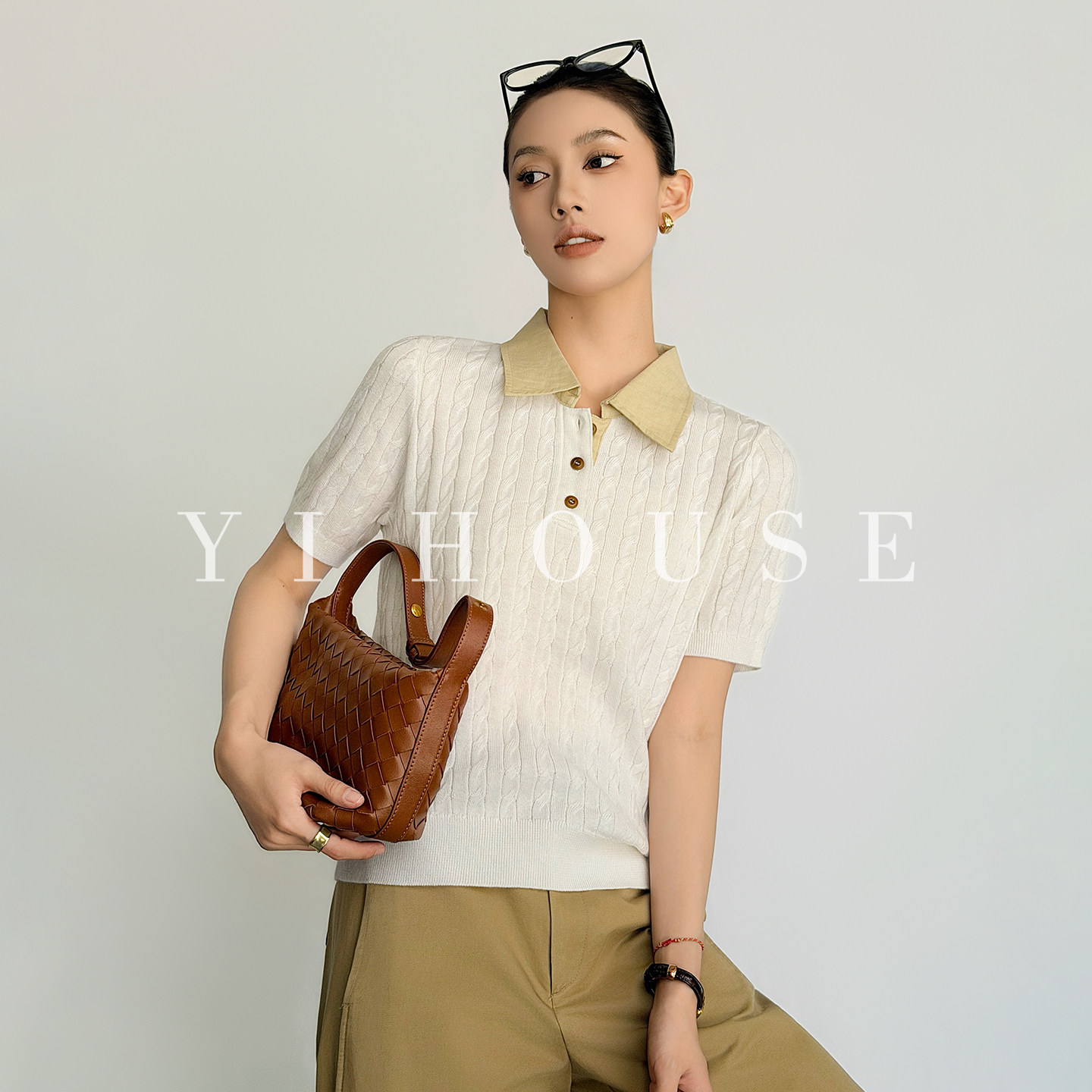 YIHOUSE老钱风POLO领正肩麻花短袖针织女通勤百搭撞色翻领T恤上衣