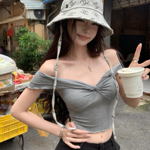 实拍实价夏季辣妹风法式 一字肩木耳边褶皱短款显瘦背心无袖上衣