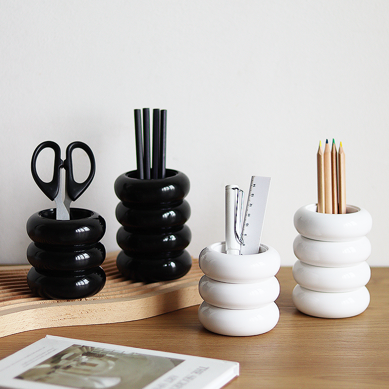 竹白家创意迷你桌面文具收纳罐圆形树脂笔筒笔插收纳桶可爱摆件