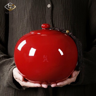 红色陶瓷茶叶罐礼盒精品圆形罐密封罐储存罐家用百搭大容量茶罐