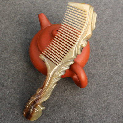 天然白牛角按摩保健梳子密细齿护养发手工雕花梳防静电长约20厘米
