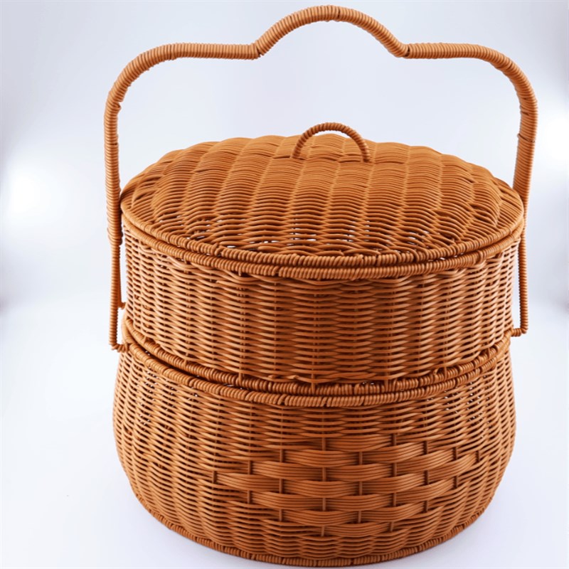 拜拜祖宗篮子手提篮仿藤带盖野餐圆形双层超特大号藤编手工编织蓝