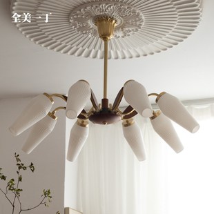 全美一丁复古牛奶玻璃郁金香吊灯法式 白色玉兰客厅卧室餐厅书房灯