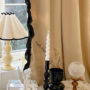 法式 赫本复古风黑色荷叶边遮光窗帘高精密成品隔断半帘宿舍小窗帘