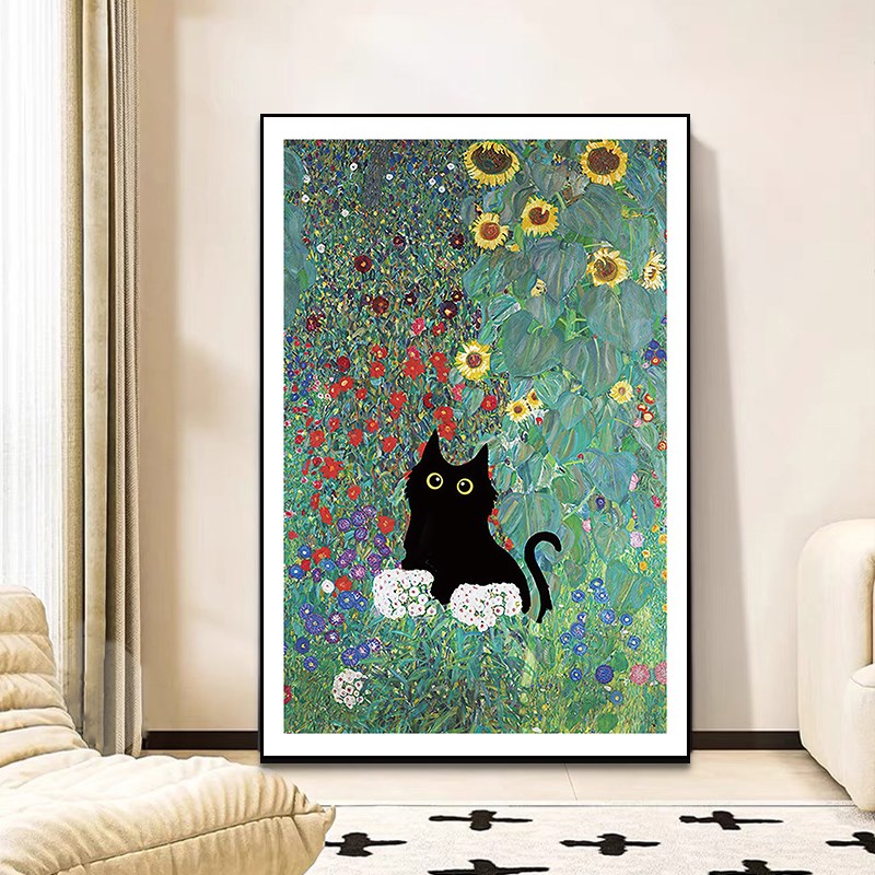 搞怪趣味装饰画现代艺术客厅卧室高级感挂画小黑猫油画墙壁装饰画