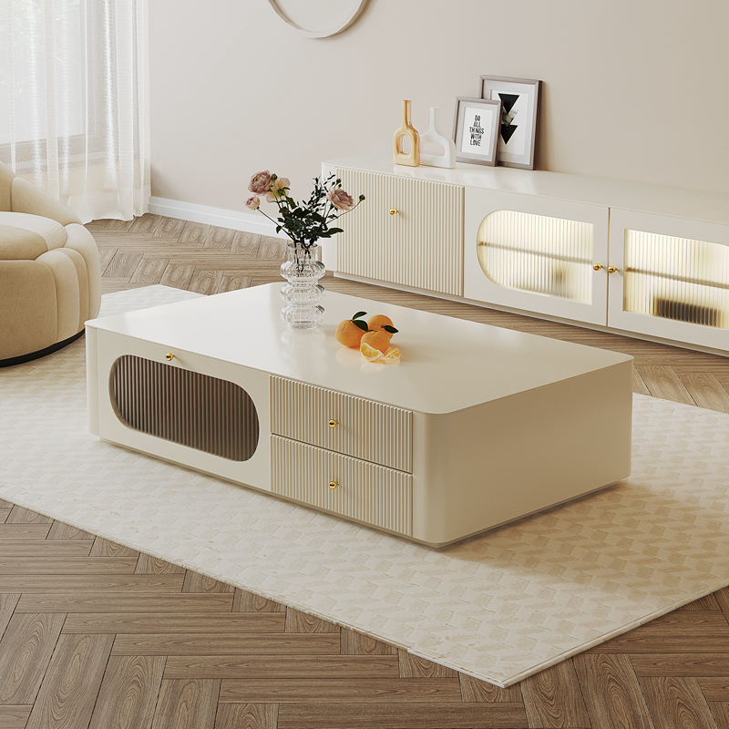 奶油风茶几电视柜组合现代简约实木白色客厅家具小户型岩板茶几