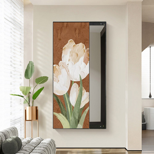 花卉全身镜过道隐藏式高档镜子推拉穿衣镜装饰画客厅试衣镜走廊