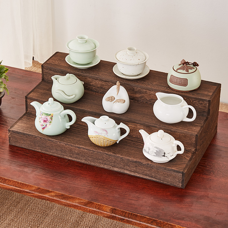 实木桌上博古架台阶式阶梯落地桌面收纳架珠宝托盘陈列道具展示架