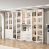 实木法式 奶油风书柜一体靠墙客厅书房书橱储物柜书架玻璃门展示柜