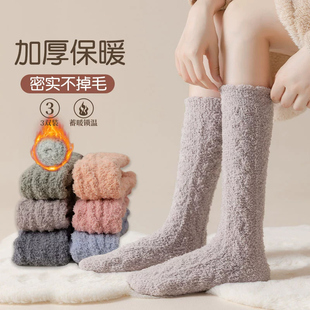冬天保暖暖脚袜珊瑚绒小腿袜加绒长筒袜秋冬季 地板袜睡眠袜冬